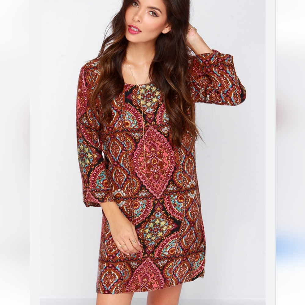 Billabong Gypsy Sol Multi Print Dress Longsleeve Mini Length Boho Size Medium